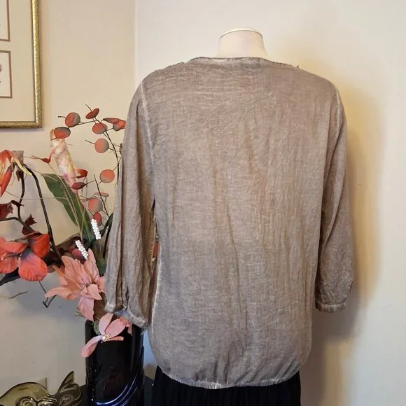 NWOT Monari Women’s Light Brown Ruffle Design Blouse Top ¾ Sleeve Summer Tops 10 - Picture 4 of 14